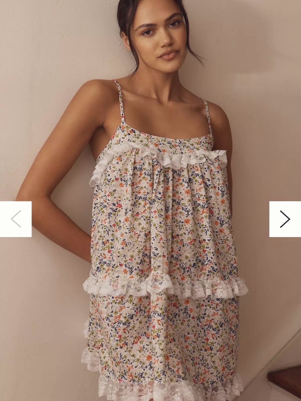 Anthropologie Floral Lace-Trim Cotton Cami Nightdress - White XL